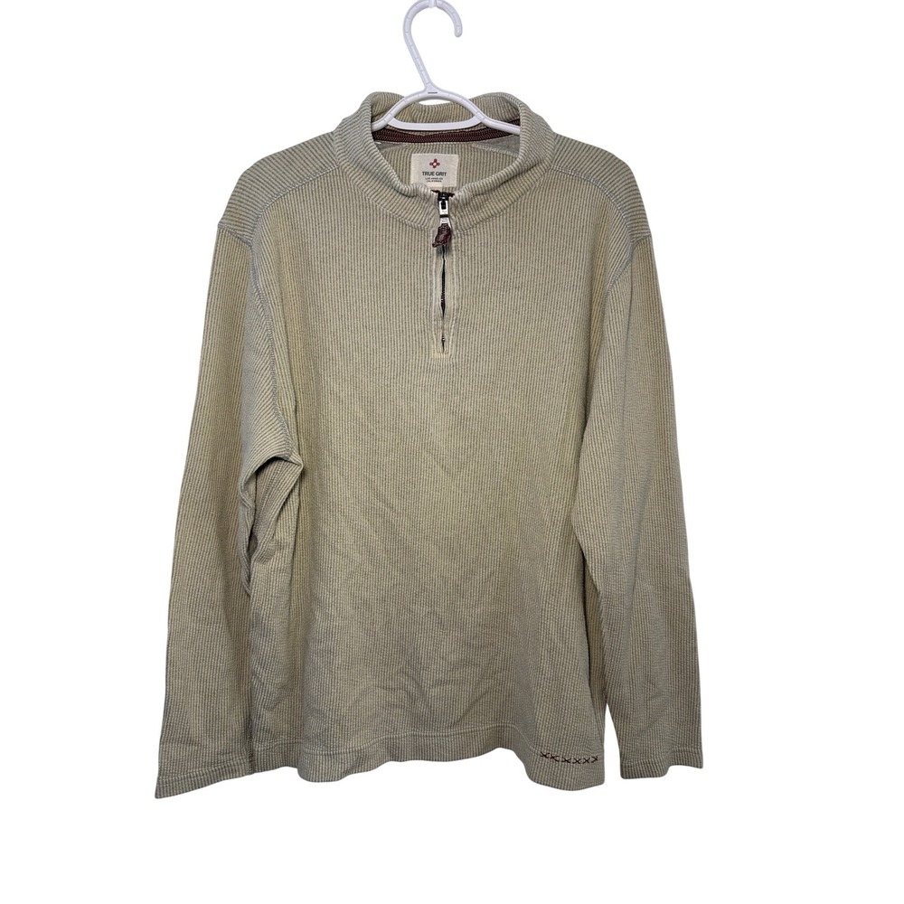 True Grit‎ Mens Large Tan Ribbed Cotton Blend Quarter Zip Pullover Sweater Mock